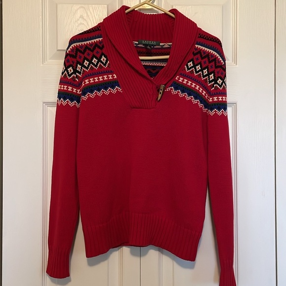 Women’s Lauren Ralph Lauren Sz S Fair Isle V neck sweater big collar red button - Picture 5 of 9